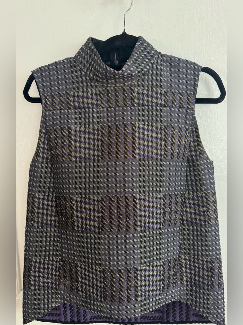 3.1 Phillip Lim Gray Black and Purple Plaid Mock Neck Top Size 8